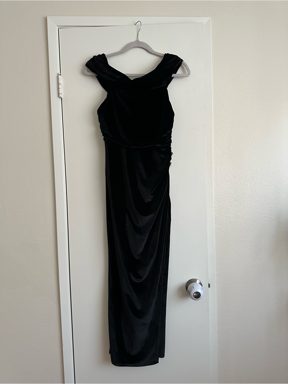 LPA Black Velvet Off-Shoulder Ruched Maxi Dress